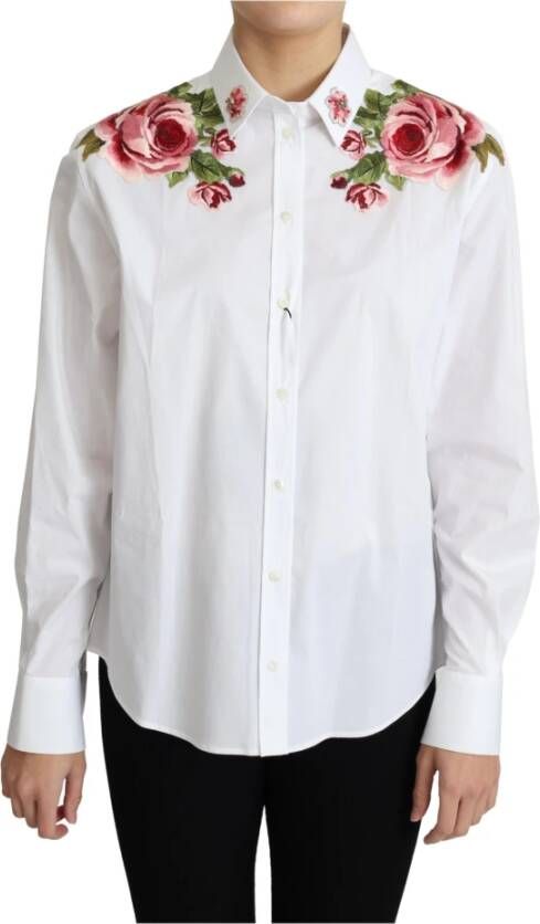 Dolce & Gabbana White Cotton Button Up Collared Floral Sequin Top Wit Dames