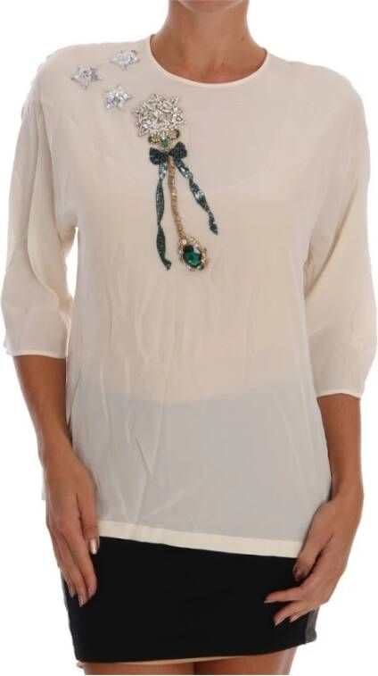Dolce & Gabbana Sicily Kristallen Geborduurde Zijden Blouse White Dames