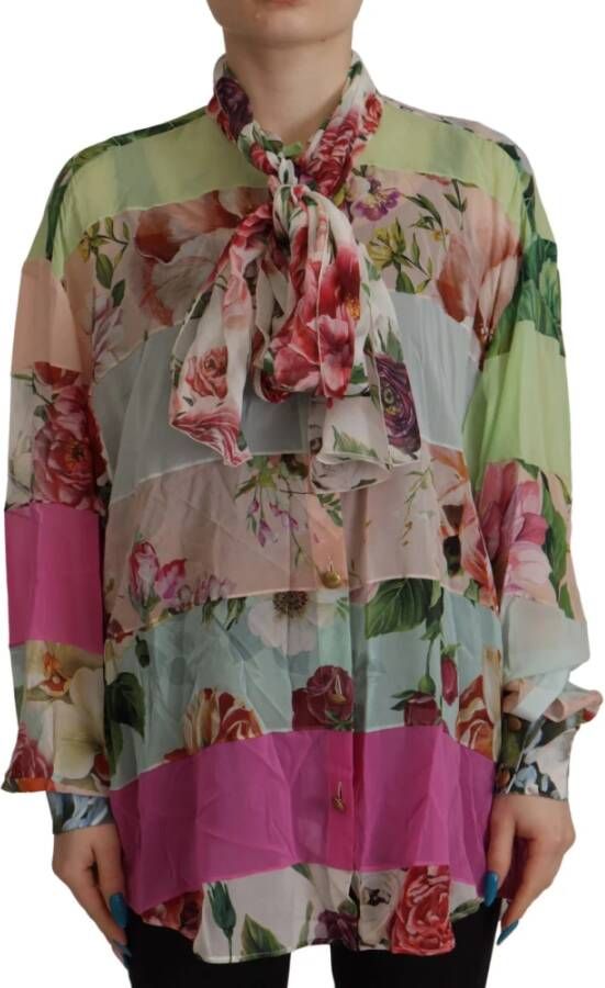 Dolce & Gabbana Multicolor Bloemen Patchwork Ascot Kraag Blouse Multicolor Dames