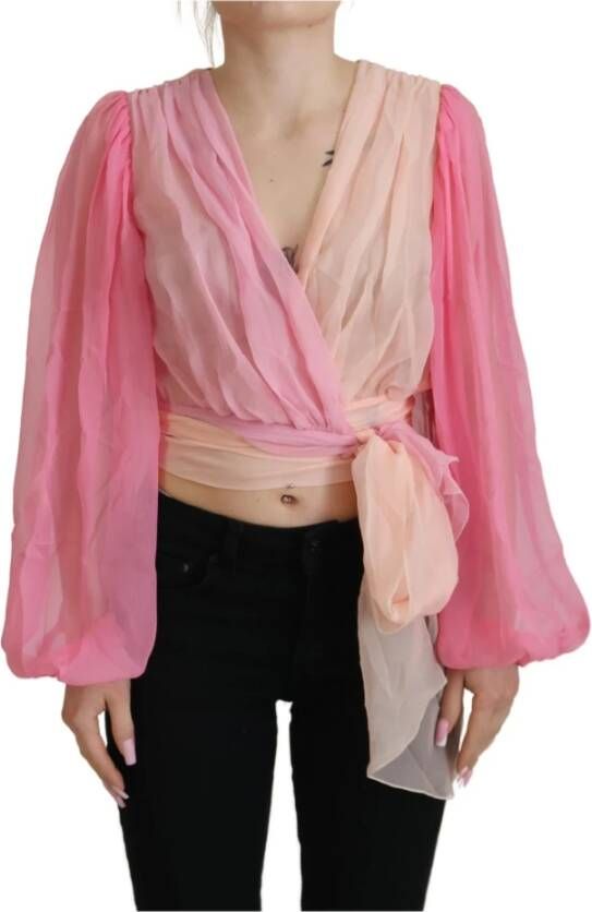 Dolce & Gabbana Roze Zijden Wrap Blouse Top met Lange Mouwen Pink Dames