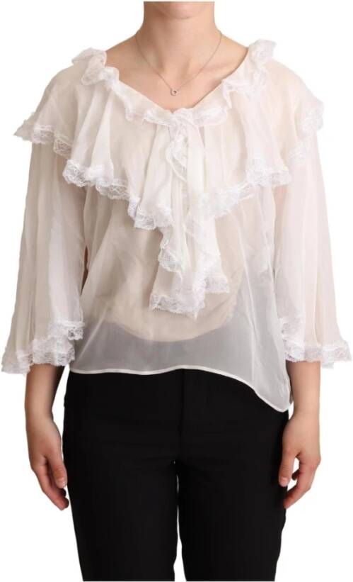 Dolce & Gabbana White Silk Long Sleeves Lace Blouse Wit Dames