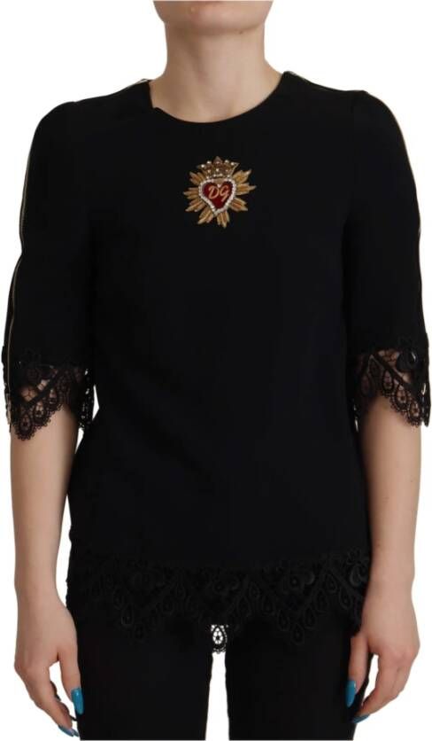 Dolce & Gabbana Zwarte Cady Blouse met Kant en Kralen Versierd Logo Black Dames