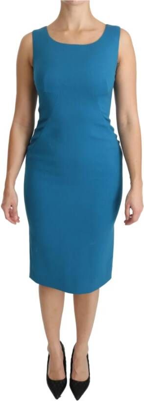 Dolce & Gabbana Blue Bodycon Sheath Knee Length Wool Dress Blauw Dames
