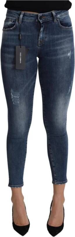 Dolce & Gabbana Blue Cotton Distressed Cropped Slim Denim Jeans Blauw Dames