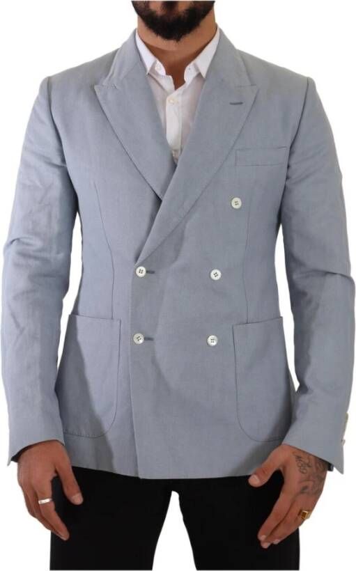 Dolce & Gabbana Blue Cotton Linen Slim Fit Jacket Coat Blazer Blauw Heren