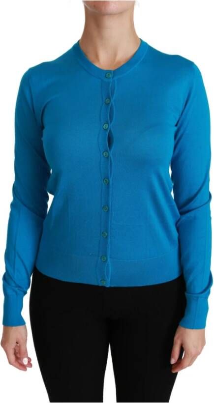 Dolce & Gabbana Blue Crewneck Cardigan 100% Silk Sweater Blauw Dames