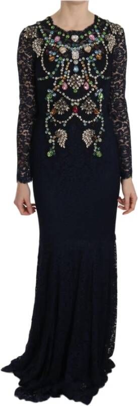 Dolce & Gabbana Blue Crystal Floral Lace Long Gown Dress Blauw Dames