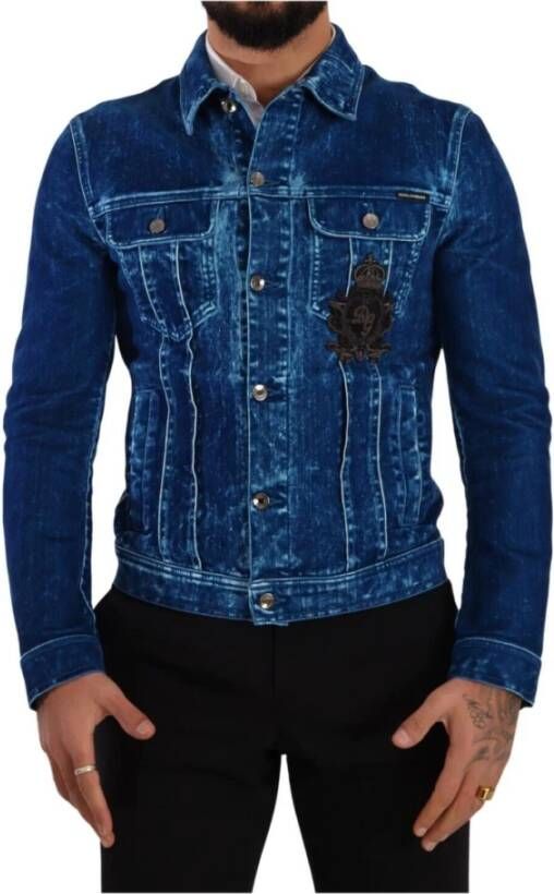 Dolce & Gabbana Blue Denim Cotton Logo Embroidery Jacket Blauw Heren