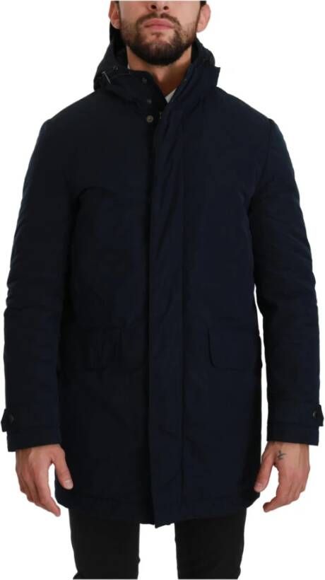 Dolce & Gabbana Blue Hooded Long Coat Parkas Jacket Blauw Heren