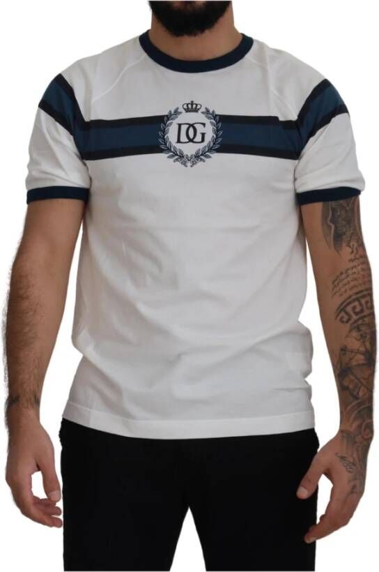 Dolce & Gabbana Wit Blauw Katoenen Logo Crewneck T-shirt White Heren