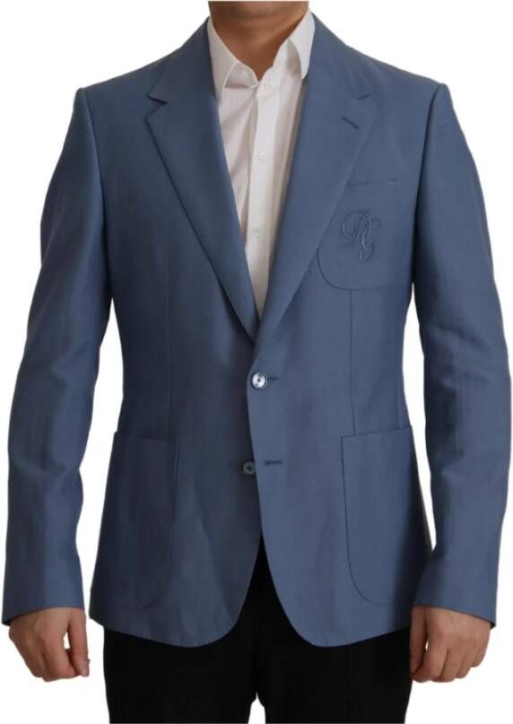 Dolce & Gabbana Blue Single Breasted Logo Blazerjas Jacket Blauw Heren
