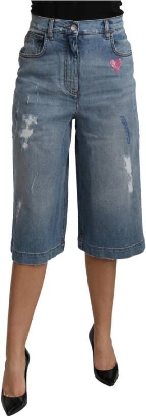 Dolce & Gabbana Blue Wide Leg Cropped Mid Waist Cotton Jeans Blauw Dames