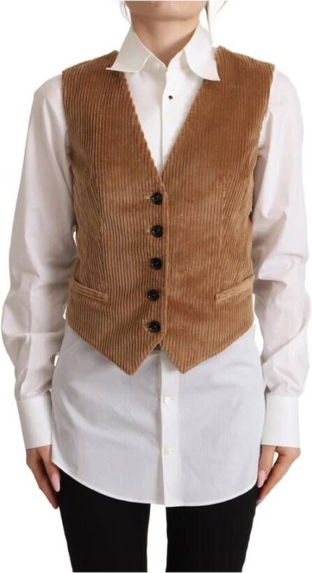 Dolce & Gabbana Luxe Bruine Corduroy Luipaard V-hals Mouwloze Vest Top Brown Dames