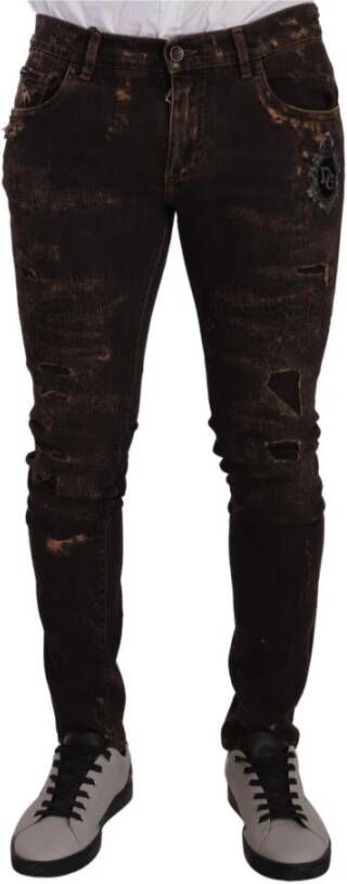 Dolce & Gabbana Brown Distressed Slim Fit Skinny Denim Jeans Bruin Heren
