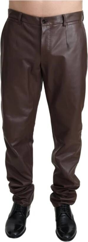 Dolce & Gabbana Brown Lambskin Leather Men Trouser Pants Bruin Heren