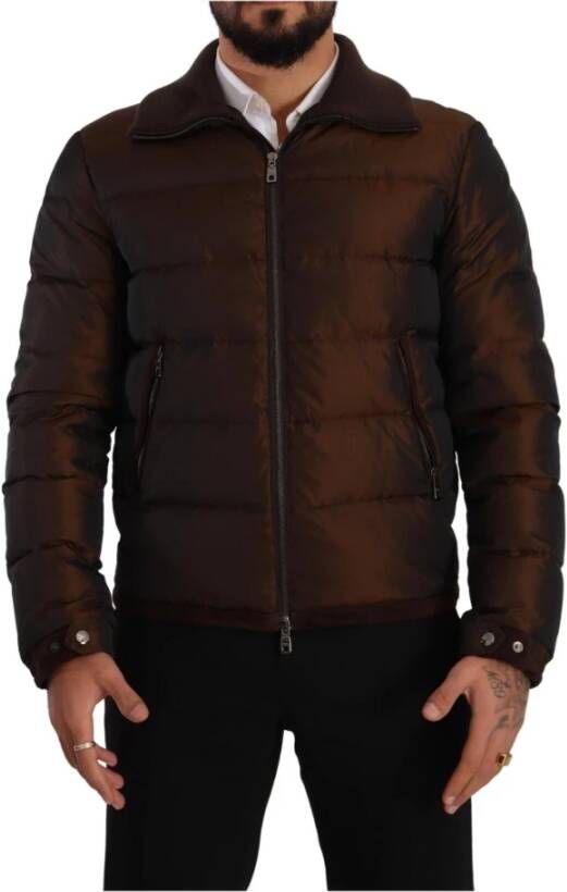 Dolce & Gabbana Brown Polyester Puffer Men Coat Jacket Bruin Heren