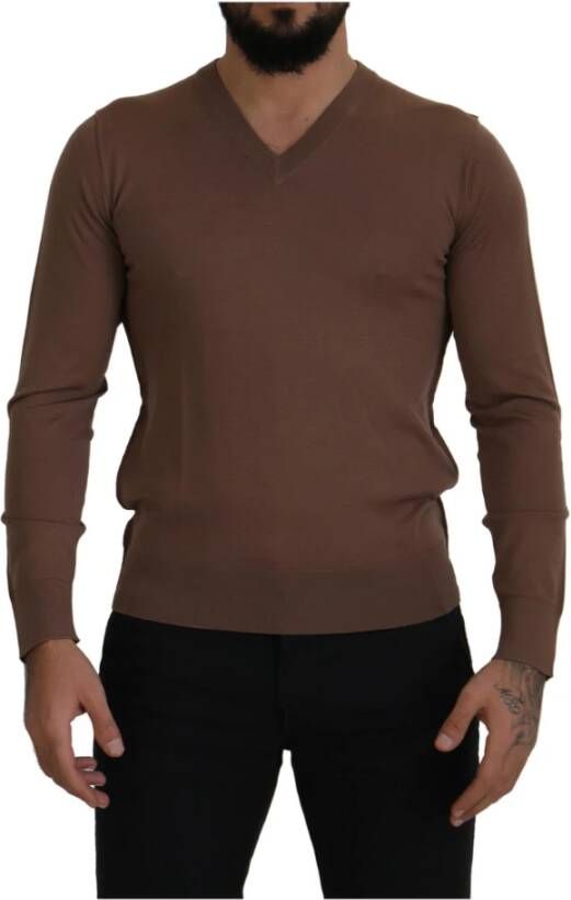 Dolce & Gabbana Brown Wool Men V-neck Pullover Sweater Bruin Heren