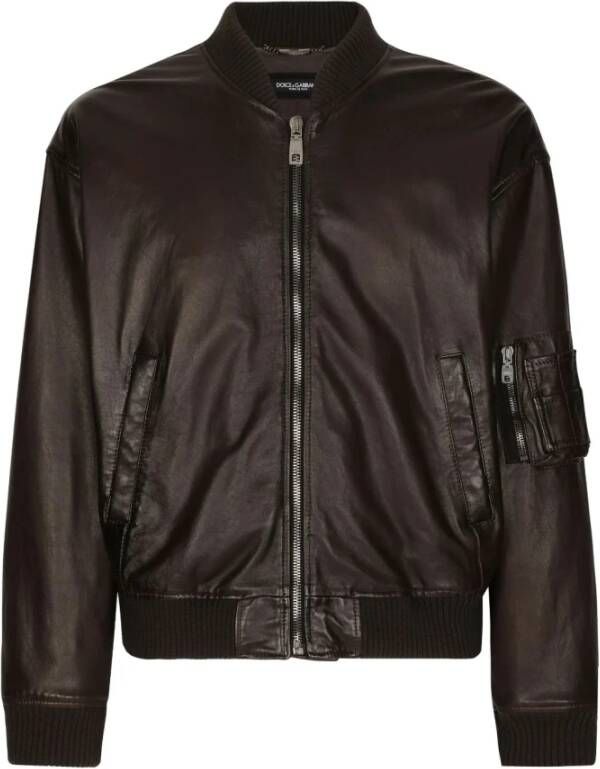 Dolce & Gabbana Bruine Leren Gewatteerde Jas met Ritssluiting Brown Heren
