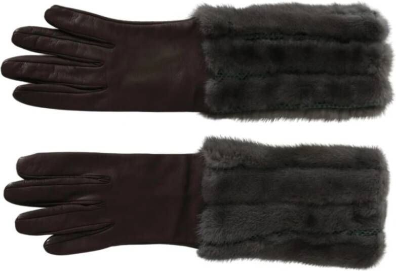 Dolce & Gabbana Bruine Leren Handschoenen met Bontafwerking Middelarm Lengte Brown Dames