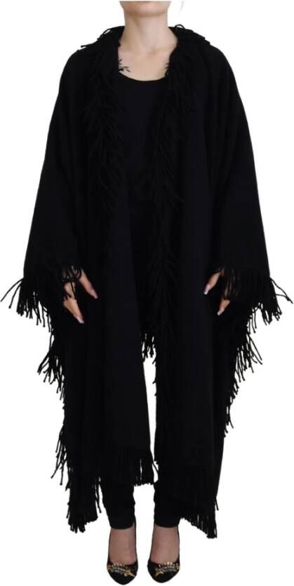 Dolce & Gabbana Zwarte franje alpaca jas Black Dames