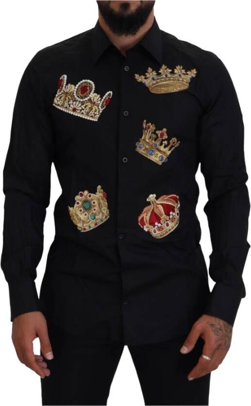 Dolce & Gabbana Zwart Gouden Kroon Slim Fit Jurk Formeel Overhemd Black Heren