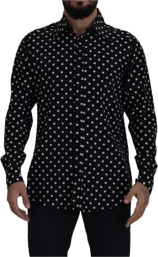 Dolce & Gabbana Black White Polka Dots Martini Shirt Zwart Heren