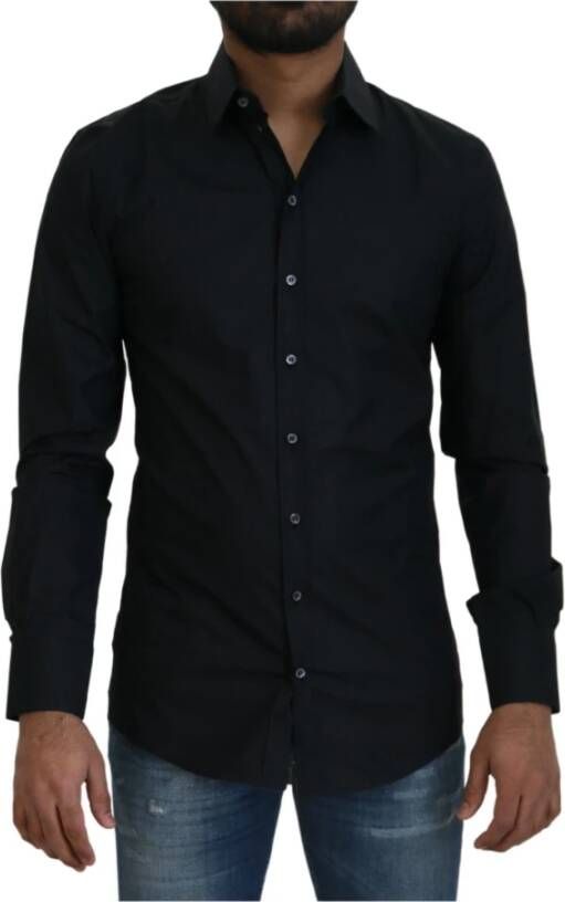 Dolce & Gabbana Zwarte Katoenen Slim Fit Formele Jurk Overhemd Black Heren