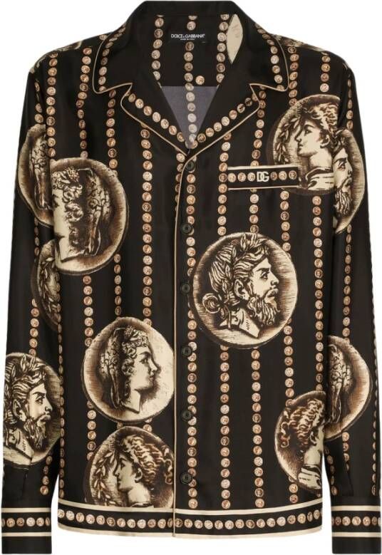 Dolce & Gabbana Zwarte munt-print zijden overhemd Brown Heren