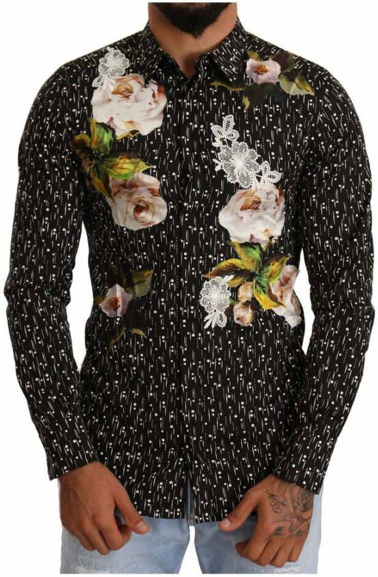 Dolce & Gabbana Zwarte Bloemen Brokaat Katoenen Overhemd Black Heren