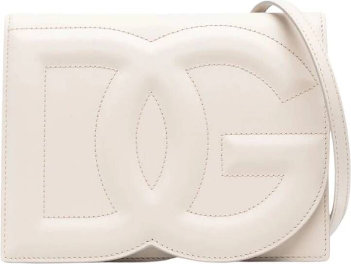 Dolce & Gabbana Ivoorleren Tas met Logo Inprenting en Verstelbare Schouderband Beige Dames
