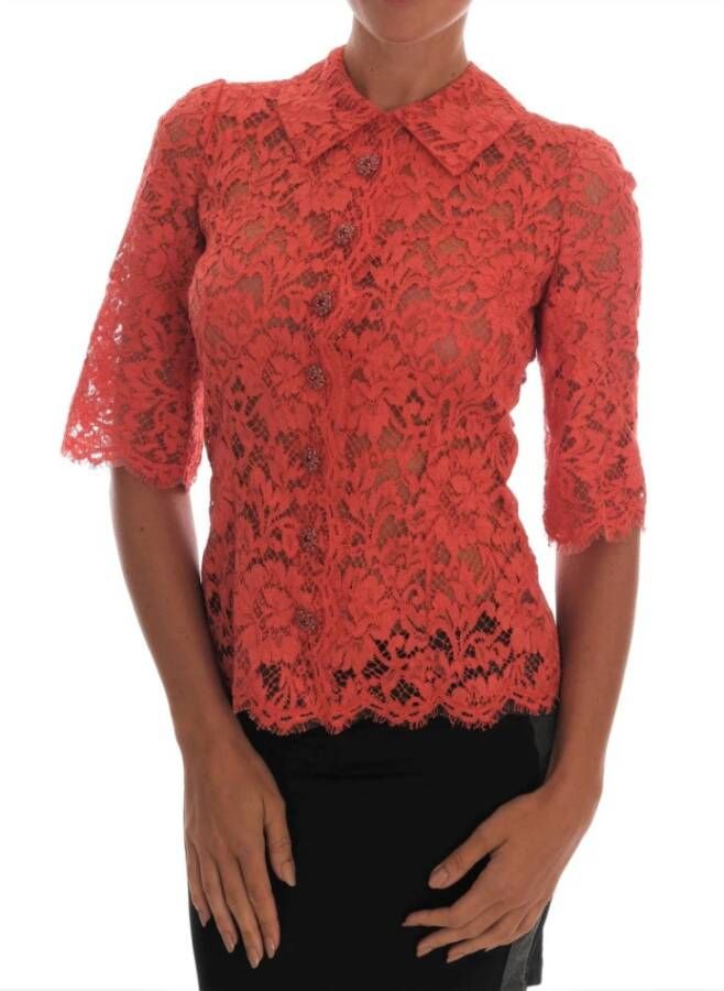 Dolce & Gabbana Crystal Buttons Floral Lace Blouse Oranje Dames
