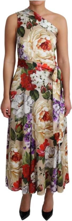 Dolce & Gabbana Bloemen One Shoulder Jurk tot op de Knie Beige Dames