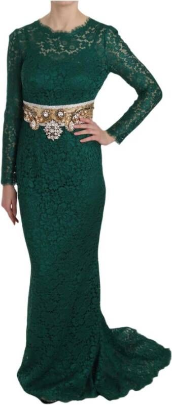 Dolce & Gabbana Pre-owned Crystal Gold Belt Lace Sheath Gown Dress Green Dames