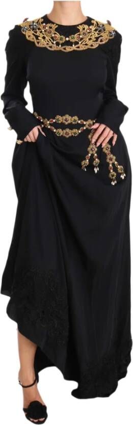 Dolce & Gabbana Zwarte Zijden Stretch Gouden Kristal Jurk Black Dames