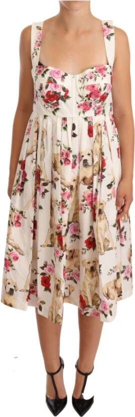 Dolce & Gabbana White Floral Dog Print Cotton Pleated Gown Dress Wit Dames