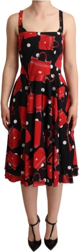 Dolce & Gabbana Black Red Bag Print A-line Mid Length Dress Rood Dames