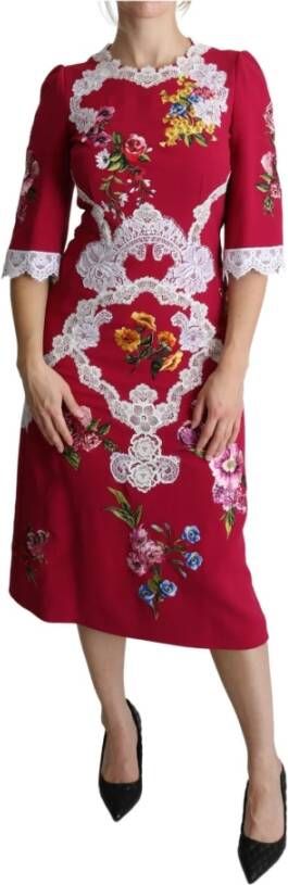 Dolce & Gabbana Rode Bloemen Geborduurde Sheath Midi Jurk Multicolor Dames