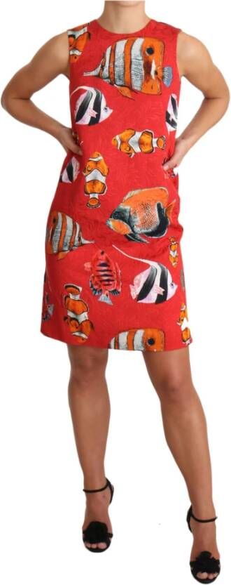 Dolce & Gabbana Red Fish Print Sleeveless Mini Shift Dress Rood Dames