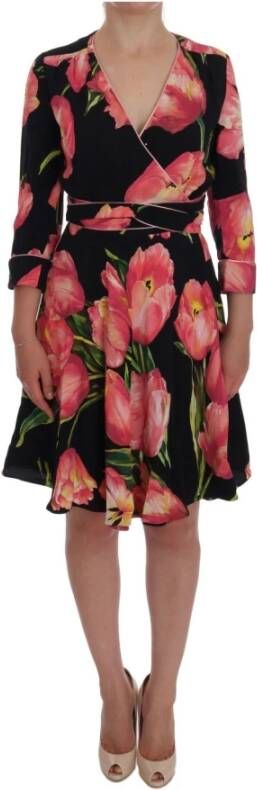 Dolce & Gabbana Black Pink Tulip Print Stretch Shift Dress Zwart Dames