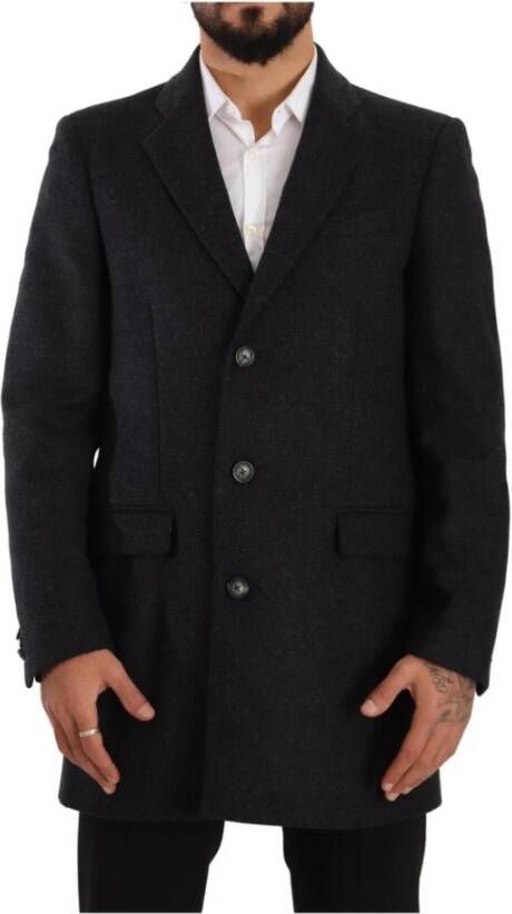 Dolce & Gabbana Dark Gray Wool Over Trench Coat Men Jacket Grijs Heren
