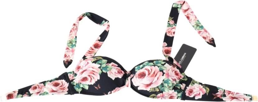 Dolce & Gabbana DG Black Roses Print Swimsuit Beachwear Bikini Tops Zwart Dames