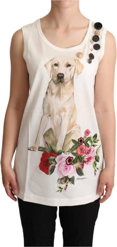 Dolce & Gabbana Dog Floral Print Embellished T-shirt Wit Dames