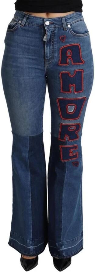 Dolce & Gabbana Blauwe Amore Patch Boot Cut Katoenen Stretch Broek Blue Dames