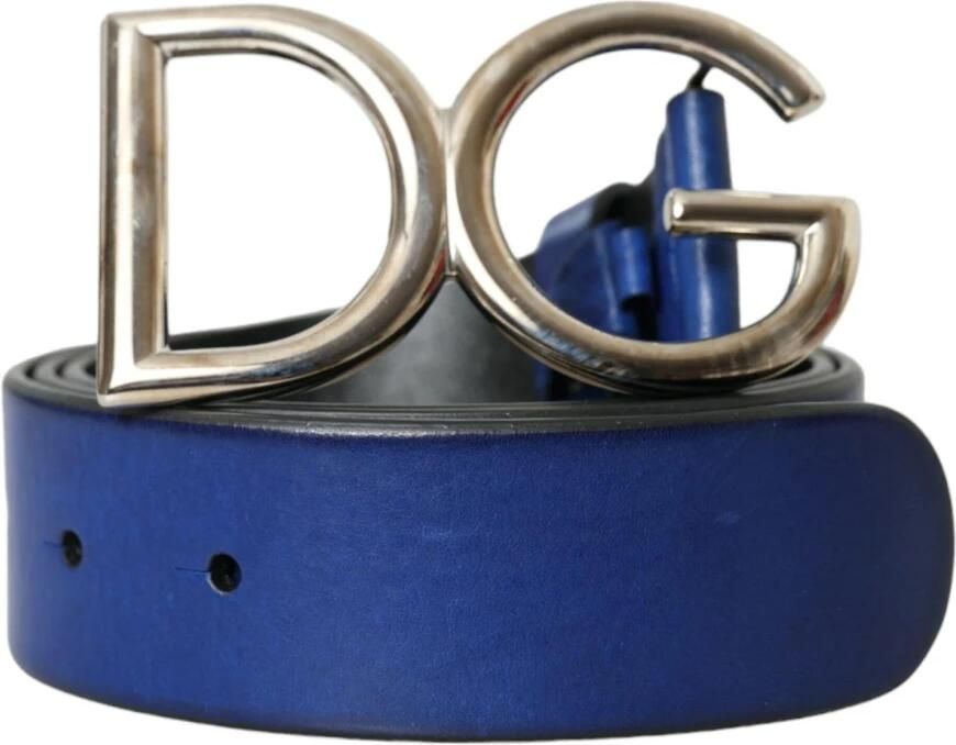 Dolce & Gabbana Blauw Leer Zilver Metaal Logo Gesp Riem Mannen Blue Dames - Foto 6
