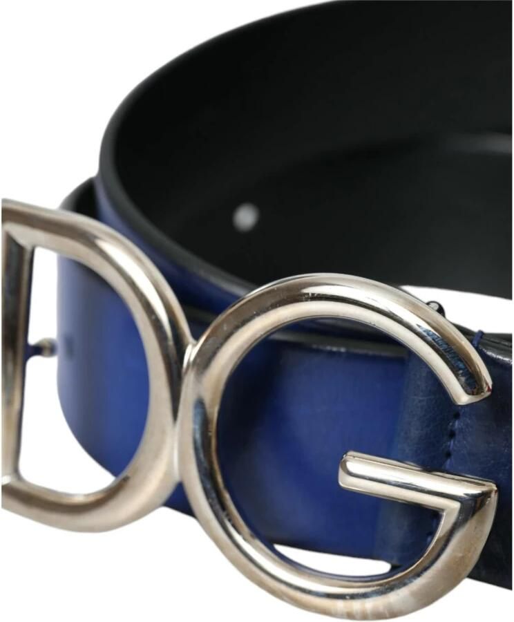 Dolce & Gabbana Blauw Leer Zilver Metaal Logo Gesp Riem Mannen Blue Dames