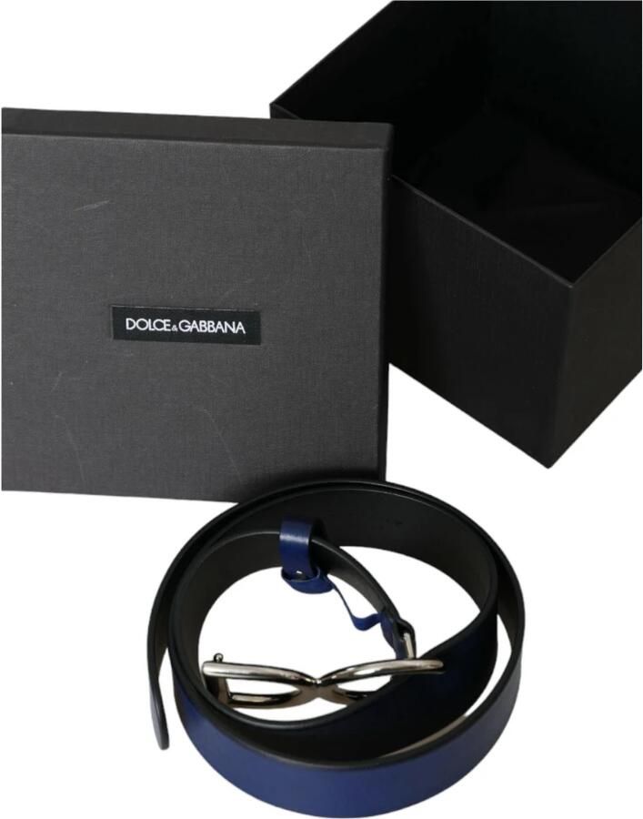 Dolce & Gabbana Blauw Leer Zilver Metaal Logo Gesp Riem Mannen Blue Dames - Foto 3