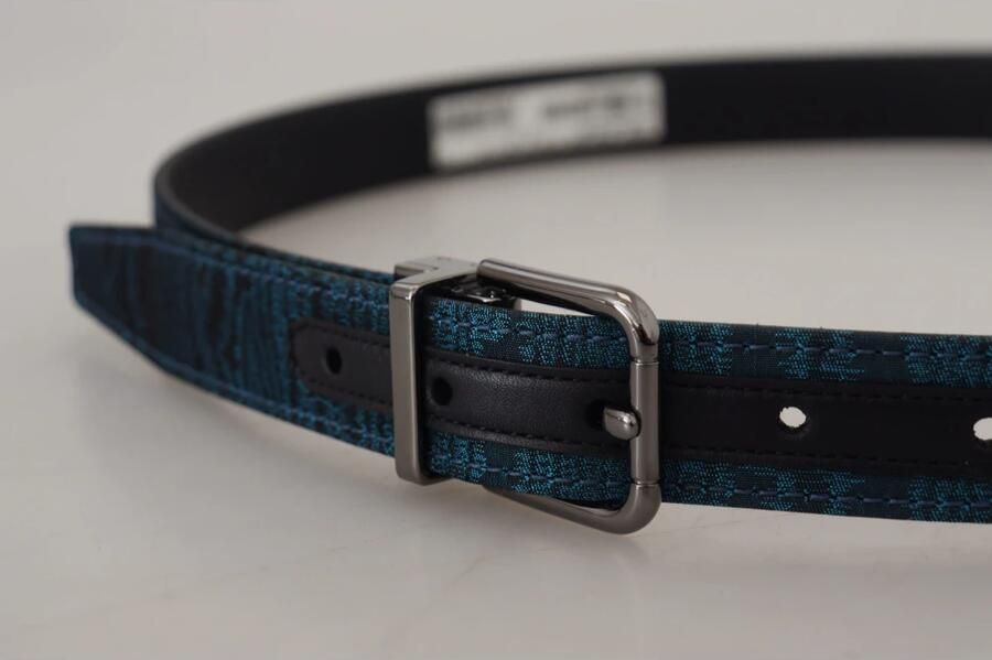 Dolce & Gabbana Blauwe Jacquard Moire Zilveren Metalen Gesp Heren Riem Blue Heren