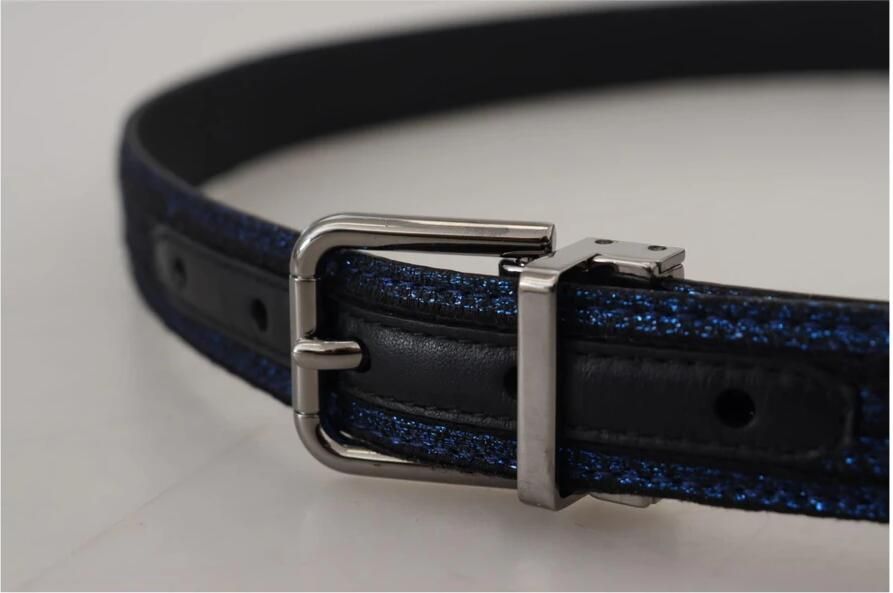 Dolce & Gabbana Blauw Jacquard Gestreepte Zilveren Gesp Riem Blue Heren