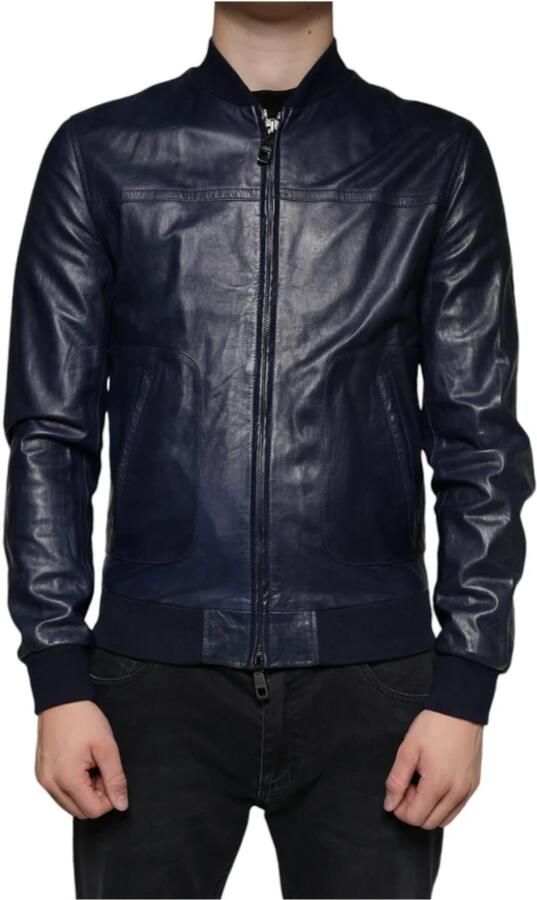 Dolce & Gabbana Blauwe Lamsskin Leren Bikerjack met Logo Blue Heren