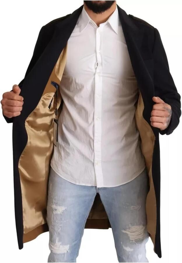 Dolce & Gabbana Blauwe Wollen Trenchcoat met Gouden Zijde Blue Heren